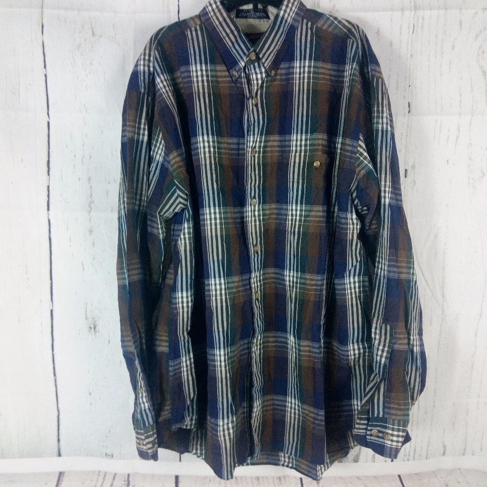 Roundtree & Yorke Blue Plaid Button Down Shirt XL